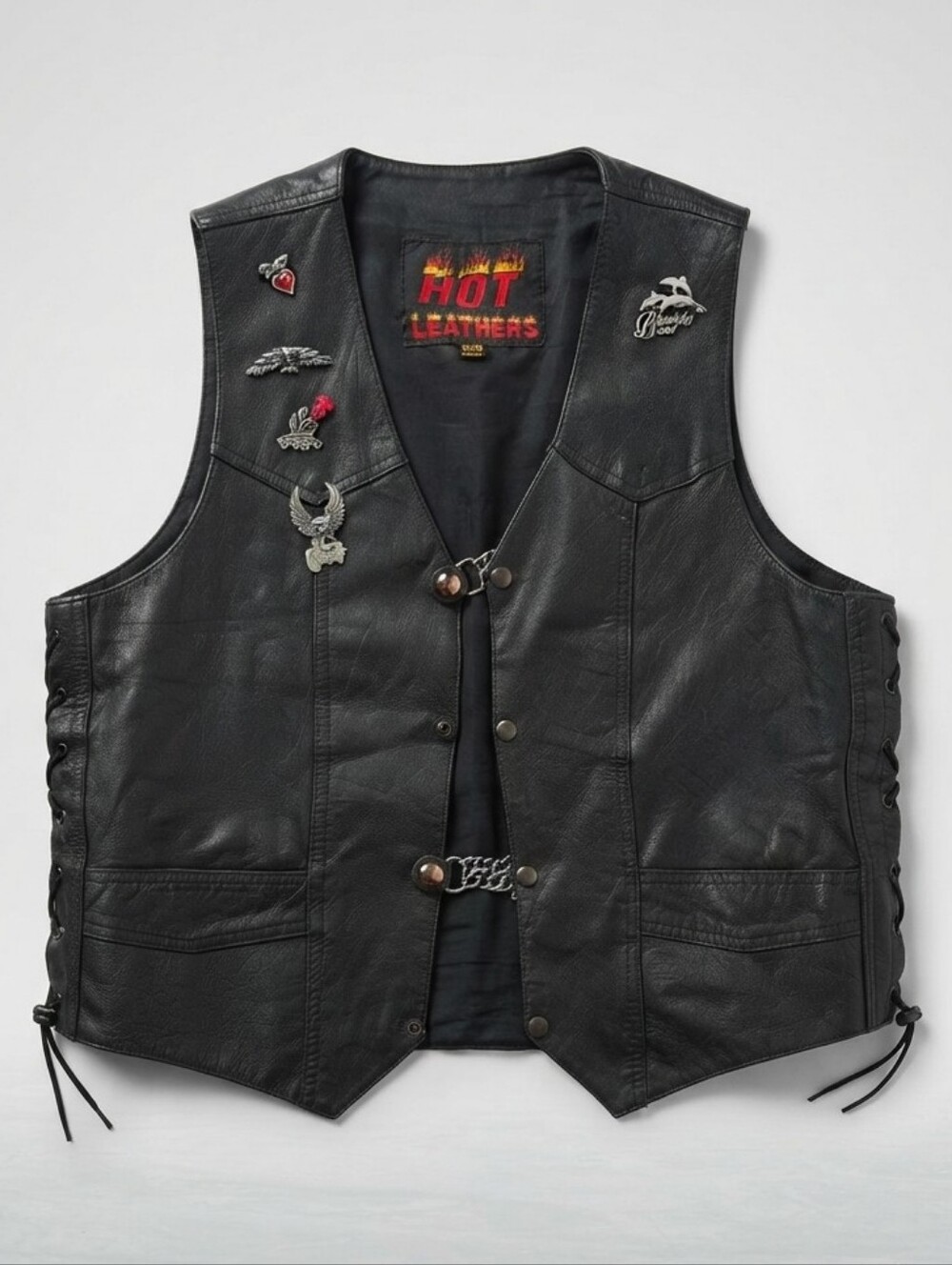 Vintage Hot Leathers 100% Genuine Leather Biker Vest XXL w/ Pins